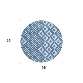 8' Denim Blue And Light Blue Round Geometric Washable Indoor Outdoor Area Rug