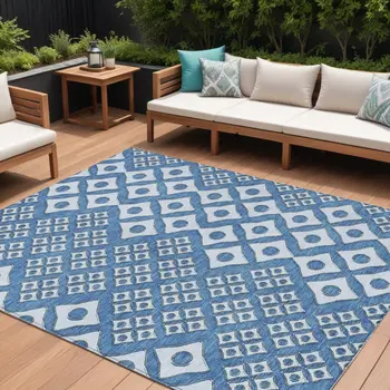 8' X 10' Denim Blue And Light Blue Geometric Washable Indoor Outdoor Area Rug
