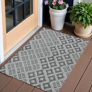 3' X 5' Gray And Light Gray Geometric Washable Indoor Outdoor Area Rug