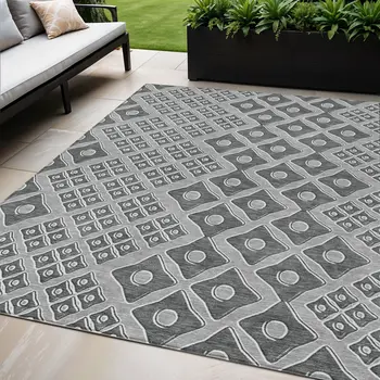 5' X 8' Gray And Light Gray Geometric Washable Indoor Outdoor Area Rug