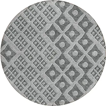 8' Gray And Light Gray Round Geometric Washable Indoor Outdoor Area Rug