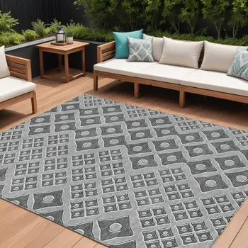 9' X 12' Gray And Light Gray Geometric Washable Indoor Outdoor Area Rug