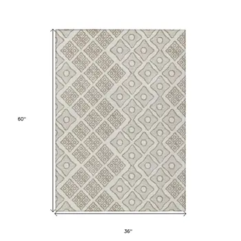 3' X 5' Ivory And Beige Geometric Washable Indoor Outdoor Area Rug