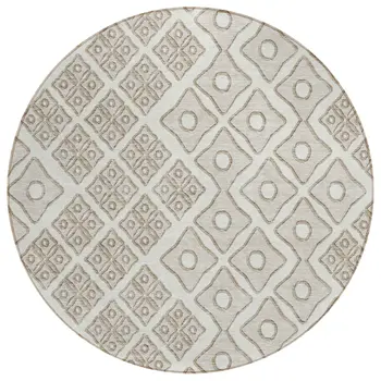 8' Ivory And Beige Round Geometric Washable Indoor Outdoor Area Rug