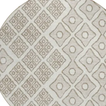 8' Ivory And Beige Round Geometric Washable Indoor Outdoor Area Rug