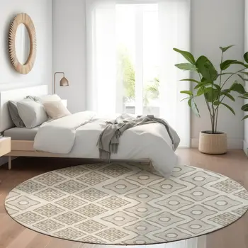 8' Ivory And Beige Round Geometric Washable Indoor Outdoor Area Rug