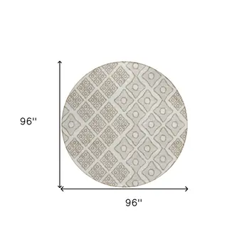 8' Ivory And Beige Round Geometric Washable Indoor Outdoor Area Rug