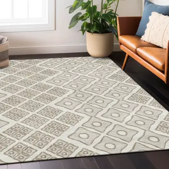 10' X 14' Ivory And Beige Geometric Washable Indoor Outdoor Area Rug