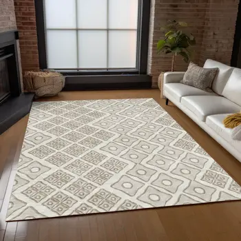10' X 14' Ivory And Beige Geometric Washable Indoor Outdoor Area Rug