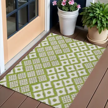 3' X 5' Lime Green And Ivory Geometric Washable Indoor Outdoor Area Rug