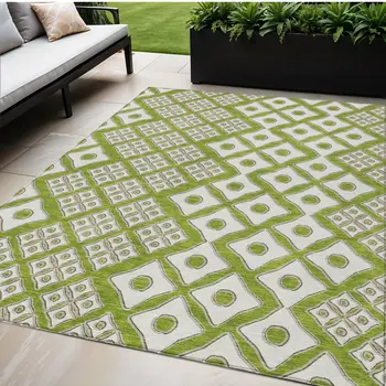 5' X 8' Lime Green And Ivory Geometric Washable Indoor Outdoor Area Rug