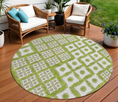 8' Lime Green And Ivory Round Geometric Washable Indoor Outdoor Area Rug