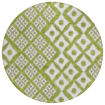 8' Lime Green And Ivory Round Geometric Washable Indoor Outdoor Area Rug