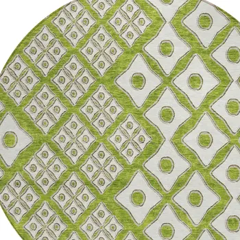 8' Lime Green And Ivory Round Geometric Washable Indoor Outdoor Area Rug