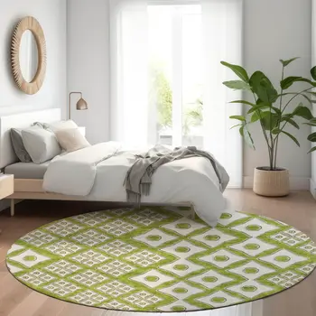 8' Lime Green And Ivory Round Geometric Washable Indoor Outdoor Area Rug