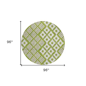 8' Lime Green And Ivory Round Geometric Washable Indoor Outdoor Area Rug