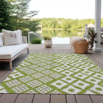 10' X 14' Lime Green And Ivory Geometric Washable Indoor Outdoor Area Rug