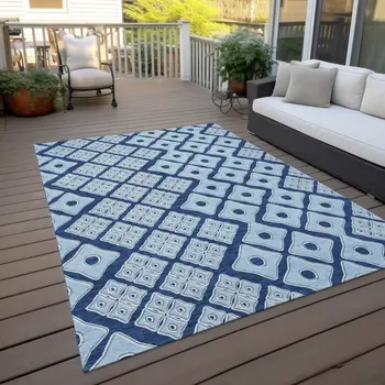 5' X 8' Navy Blue And Light Blue Geometric Washable Indoor Outdoor Area Rug