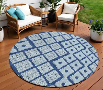 8' Navy Blue And Light Blue Round Geometric Washable Indoor Outdoor Area Rug