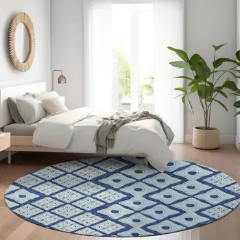 8' Navy Blue And Light Blue Round Geometric Washable Indoor Outdoor Area Rug