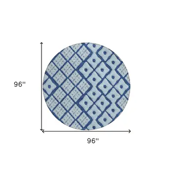 8' Navy Blue And Light Blue Round Geometric Washable Indoor Outdoor Area Rug