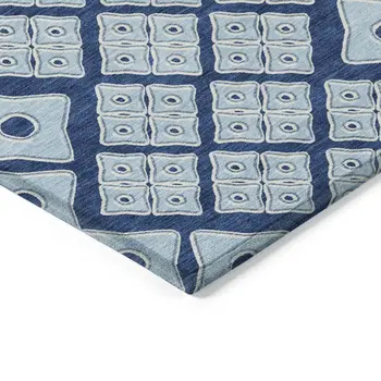 9' X 12' Navy Blue And Light Blue Geometric Washable Indoor Outdoor Area Rug