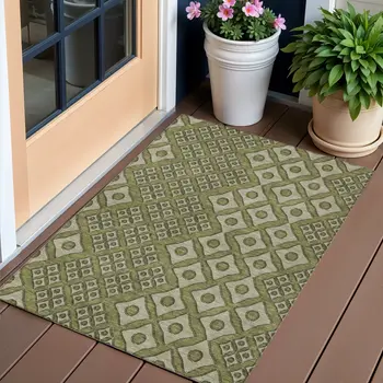 3' X 5' Olive Green And Gray Geometric Washable Indoor Outdoor Area Rug