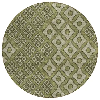 8' Olive Green And Gray Round Geometric Washable Indoor Outdoor Area Rug