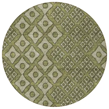 8' Olive Green And Gray Round Geometric Washable Indoor Outdoor Area Rug