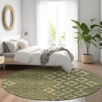 8' Olive Green And Gray Round Geometric Washable Indoor Outdoor Area Rug
