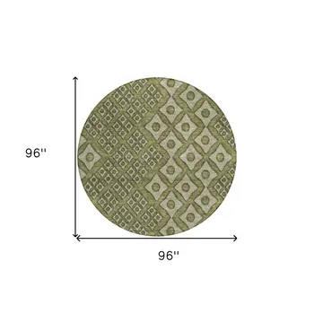 8' Olive Green And Gray Round Geometric Washable Indoor Outdoor Area Rug