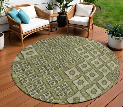 8' Olive Green And Gray Round Geometric Washable Indoor Outdoor Area Rug
