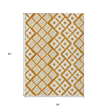 3' X 5' Orange And Ivory Geometric Washable Indoor Outdoor Area Rug