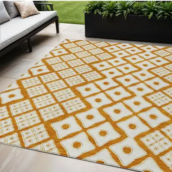 5' X 8' Orange And Ivory Geometric Washable Indoor Outdoor Area Rug