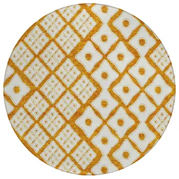 8' Orange And Ivory Round Geometric Washable Indoor Outdoor Area Rug