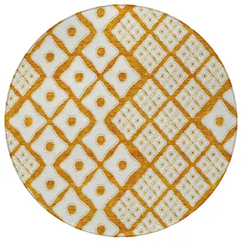 8' Orange And Ivory Round Geometric Washable Indoor Outdoor Area Rug