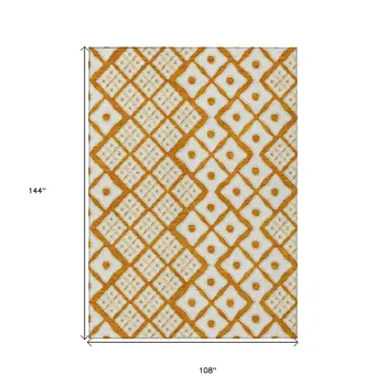 9' X 12' Orange And Ivory Geometric Washable Indoor Outdoor Area Rug