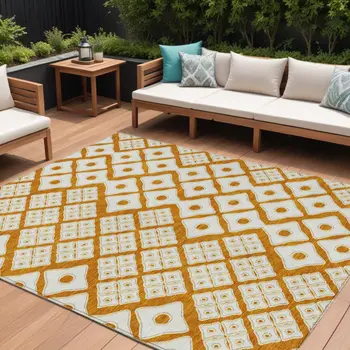9' X 12' Orange And Ivory Geometric Washable Indoor Outdoor Area Rug