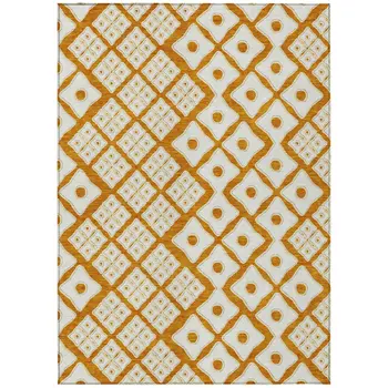9' X 12' Orange And Ivory Geometric Washable Indoor Outdoor Area Rug