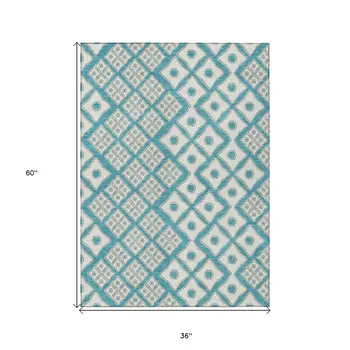 3' X 5' Teal Blue And Ivory Geometric Washable Indoor Outdoor Area Rug