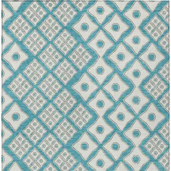 5' X 8' Teal Blue And Ivory Geometric Washable Indoor Outdoor Area Rug