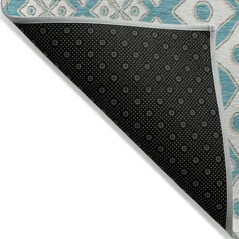 5' X 8' Teal Blue And Ivory Geometric Washable Indoor Outdoor Area Rug