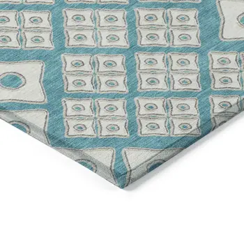 5' X 8' Teal Blue And Ivory Geometric Washable Indoor Outdoor Area Rug