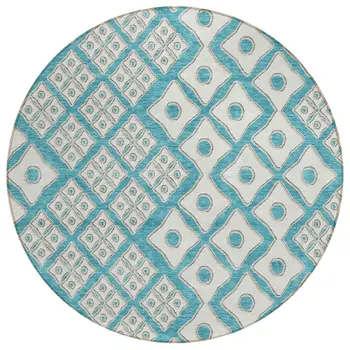 8' Teal Blue And Ivory Round Geometric Washable Indoor Outdoor Area Rug
