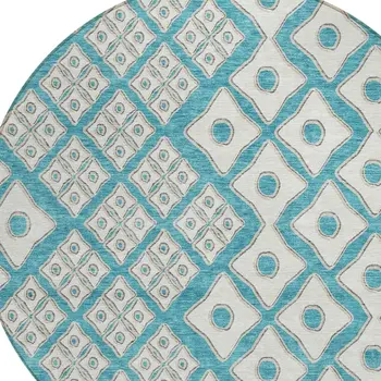 8' Teal Blue And Ivory Round Geometric Washable Indoor Outdoor Area Rug