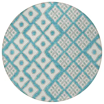 8' Teal Blue And Ivory Round Geometric Washable Indoor Outdoor Area Rug