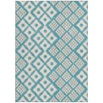 8' X 10' Teal Blue And Ivory Geometric Washable Indoor Outdoor Area Rug