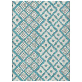 9' X 12' Teal Blue And Ivory Geometric Washable Indoor Outdoor Area Rug