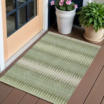 3' X 5' Artichoke Green And Light Green Striped Washable Indoor Outdoor Area Rug