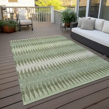3' X 5' Artichoke Green And Light Green Striped Washable Indoor Outdoor Area Rug
